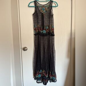 Free People Lace Floral Embroidered Black Maxi Dress, Size XS